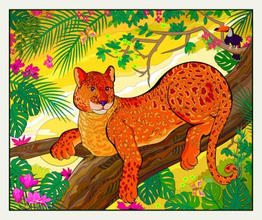 Tropikal yağmur ormanlarında leopar resmi. Vahşi yaşam hayvanları. Peri masalı kapağı ya da tebrik kartı. Kumaş, dekorasyon, nakış, arka plan, duvar kağıdı. Düz çizgi film vektörü.