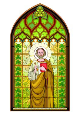 Kutsal Havari Aziz Patrick ile güzel renkli ortaçağ vitray penceresi. Gotik mimari tarzı. Hristiyan dekorasyonu. Batı Avrupa kiliselerinde ortaçağ mimarisi. Vektör çizimi