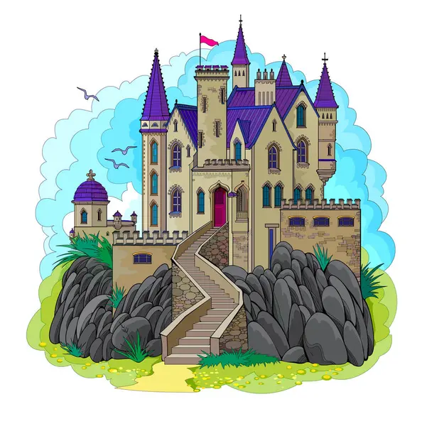 Fantasy gothic medieval kingdom. Cover for fairy tale book. Printable drawing for t-shirts, fabric, greeting card, decoration. Isolated vector illustration.
