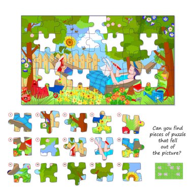 Çocuklar ve yetişkinler için mantık oyunu. Resimden düşen yapboz parçalarını bulabilir misin? Çocuk zeka kitabı için çağrı. Dikkatlilik için görev. Uzaysal düşünce geliştiriyorum. Vektör illüstrasyonu.