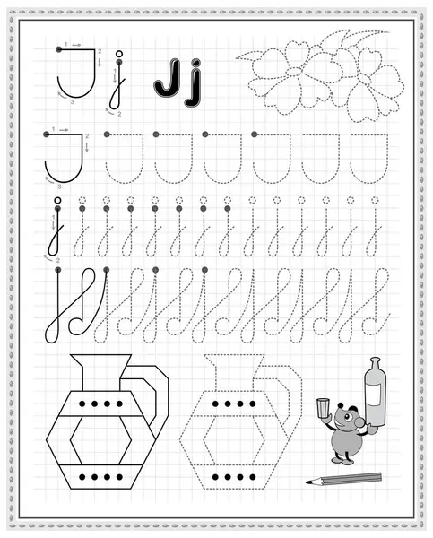 Çocuklar için kare kağıt üzerine eğitim sayfası. Çocuk okulu ders kitabı için siyah-beyaz çalışma kâğıdı. Yazma, sayma ve çizim becerilerini geliştir. J vektör resminin izini sürmek için sayfa.