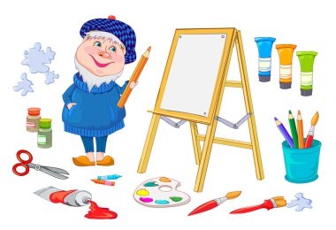 Boya nesneleri seti. Komik ressamların ve sanat malzemelerinin resmi. Eğitici ve sanatsal aletler. Beyaz arka planda izole çizimler. Düz vektör, çizgi film biçimi