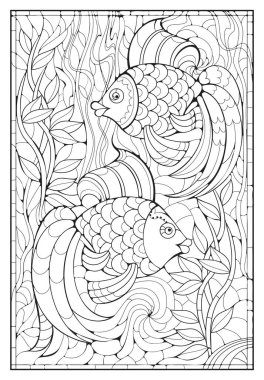 Boyama için hayvanlar. Su altı dünyasındaki güzel peri masallarının tasviri. Çocuklar ve yetişkinler için boyama kitabı. Çizim ve meditasyon için basılabilir sayfa. Siyah ve beyaz vektör.