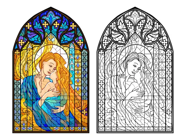 Illustration Virgin Mary Child Gothic Stained Glass Window Colorful Black — Stock Vector