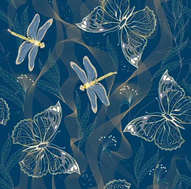 Kusursuz desenli süs. Yusufçukların ve kelebeklerin bulunduğu lüks çiçekli bir arka plan. Fantezi yaz çayırı. Tasarım, kumaş, afiş, nakış, duvar kağıdı için modern baskı. Vektör illüstrasyonu.