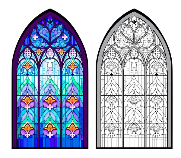 Colorful and black and white illustration of Gothic stained glass window. Coloring book for children and adults. Medieval architectural style in Western Europe. Worksheet for drawing and meditation.