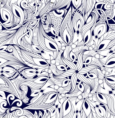 Kusursuz desenli süs. Fantezi soyut arka plan. Etnik motiflerle elle çizilmiş. Kumaş, nakış, ambalaj, halı, duvar kağıdı baskısı. Monokrom dekor. Vektör çizimi.