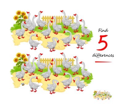 5 farklılık bul. Çiftlikteki kaz sürüsünün bir tasviri. Çocuklar ve yetişkinler için mantıksal bulmaca oyunu. Çocuk zeka kitabı için çağrı. Sayma yeteneğini geliştiriyorum. Vektör çizgi filmi çizimi.
