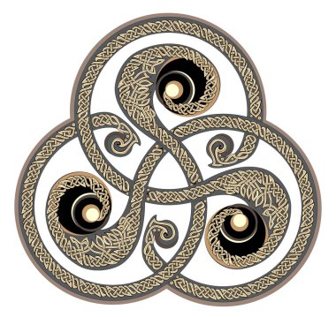 Kelt düğüm desenli güzel antik triskelion mahsulü. Üçlü damlayan Kelt spiral süsü. Eski İrlanda sembolü. Etnik büyü işareti. Logo, ikon, bozuk para, dövme için parmak izi. Düz vektör illüstrasyonu.