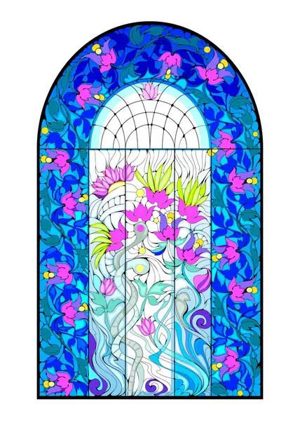 美しいアールヌーヴォーのステンドグラスウィンドウは花のモチベーションで デザイン 装飾のためのテンプレート 西ヨーロッパの建築 ベクター図面 アートデコ建築スタイル ロイヤリティフリーのストックイラスト