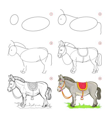 How to draw a cute little donkey. Educational page for children. Creation step by step animal illustration. Printable worksheet for kids school exercise book. Online education. Vector drawing. clipart