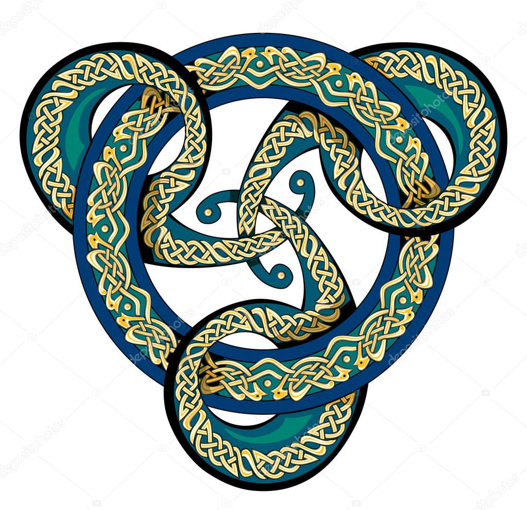 Beautiful ancient triskelion vintage with Celtic knot pattern. Triple trickle Celtic spiral ornament. Old Nordic symbol. Ethnic magic sign. Print for logo, icon, coin, tattoo. Flat vector illustration.