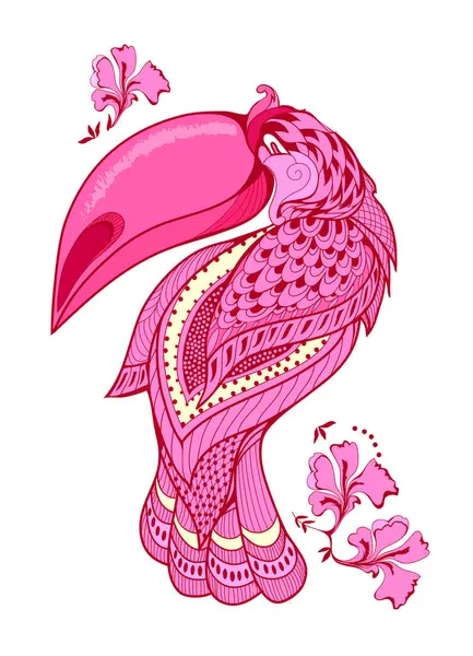 ローズ トゥーカンの幻想的なイラスト フェアリーランドのエキゾチックな鳥 バッジ ラベル アイコン Tシャツ タトゥーのためのスタイリッシュなプリント 抽象的な装飾 手描きベクトル ロイヤリティフリーのストックイラスト