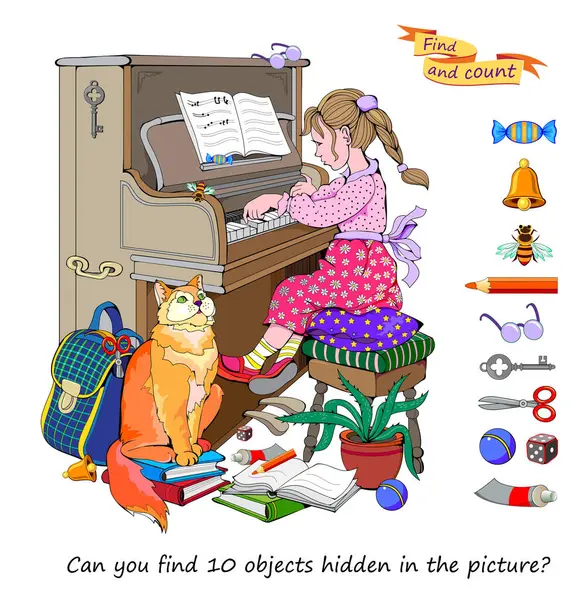 写真に隠された10個のオブジェクトを見つけることができますか 子供と大人のためのロジックパズルゲーム ピアノを弾く少女のイラスト 子供のための教育ページ フラット漫画ベクター図面 ストックベクター