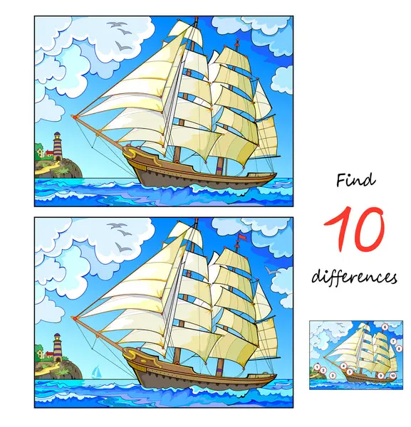 10の違いを見つける 帆船による海底のイラスト 子供と大人のためのロジックパズルゲーム 子供の脳ティーザーブックのための教育ページ スキルを数えるための開発 ベクトルデッサン ロイヤリティフリーのストックイラスト