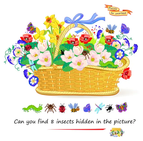 写真に隠された8つの昆虫を見つけることができますか 子供と大人のためのロジックパズルゲーム 花とバスケットのイラスト 子供のための教育ページ フラット漫画ベクター図面 ストックベクター