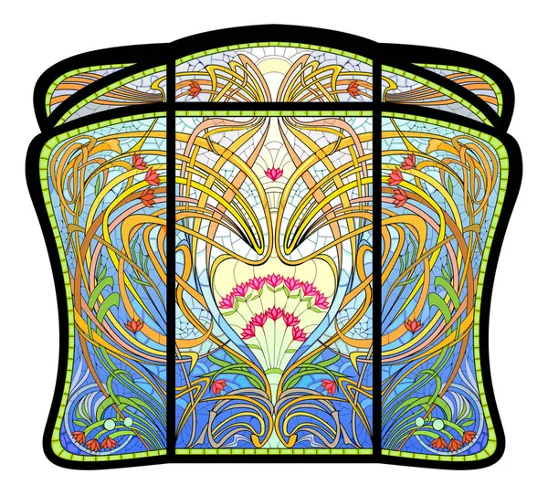 アールヌーボーは ファンタジーの花の動機を持つガラス窓をステンドしました デザイン 装飾のためのテンプレート 西ヨーロッパの建築 ベクター図面 アートデコ建築スタイル ストックベクター