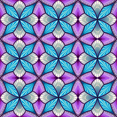 Kusursuz desenli süs. Optik illüzyonlar içeren soyut bir fantezi. Çiçek motifli geometrik çizimler. Kumaş, nakış, ambalaj, halı, duvar kağıdı baskısı. Vektör çizimi.