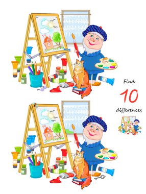 10 farklılık bul. Resim yapan komik bir ressamın tasviri. Çocuklar ve yetişkinler için mantıksal bulmaca oyunu. Çocukların zeka oyunu kitabı için eğitim sayfası. Düz vektör çizimi.