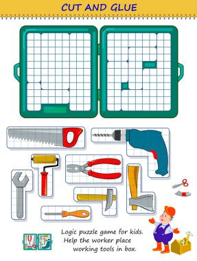 Çocuklar için mantık bulmacası oyunu. Çalışanların çalışma araçlarını kutuya koymalarına yardım et. Parçaları kesip yapıştırmak için bir makas kullanın. Çocuklar için eğitim sayfası. Kesme ve el işi becerileri. Vektör resmi.