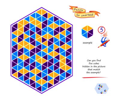 Logic puzzle game for children and adults. Can you find 5 cubes hidden in the picture that match the example? Develop spatial thinking. Task for attentiveness. Brain teaser book. Vector illustration. clipart