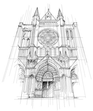 Chartres Hanımefendisi Katedrali 'nin tasviri. El çizimi vektör. Rose ve Portal 'lı merkez girişin taslağı. Ortaçağ Fransız kasabası manzarası. Siyah beyaz çizim. Eski mimari.