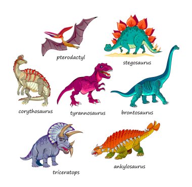 Tarih öncesi soyu tükenmiş dinozorların çizimleri. Jurasik dünya hayvanları. Beyaz arka planda izole çizim. Ansiklopedi, çocuk kıyafetleri, nakış, duvar kâğıdı. Düz çizgi film vektörü.