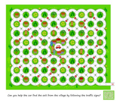 En iyi labirentler. Trafik işaretlerini takip ederek arabanın köyden çıkışını bulmasına yardım edebilir misin? Mantık bulmacası oyunu. Labirentli zeka oyunu kitabı. Çocuk faaliyet listesi. Düz vektör illüstrasyonu.