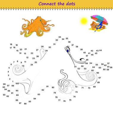 1 'den 100' e kadar noktaları birleştir ve ahtapotu çiz. Rakamlar arasındaki çizgiyi takip et. Çocuklar için boyama kitabı. Sayma becerilerini geliştir. Çocuklar için mantık bulmacası oyunu. Eğitim sayfası. Vektör resmi.