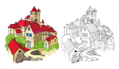 Sokakları ve evleri olan eski bir Fransız kasabasının fantezi çizimi. Boyama kitabı için renkli, siyah ve beyaz sayfa. Yazdırılabilir el çizimi vektörü. Çizim ve renklendirme için çalışma tablosu.