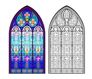 Gotik vitray penceresinin renkli ve siyah ve beyaz çizimi. Çocuklar ve yetişkinler için boyama kitabı. Batı Avrupa 'da ortaçağ mimari tarzı. Düz vektör çizimi.
