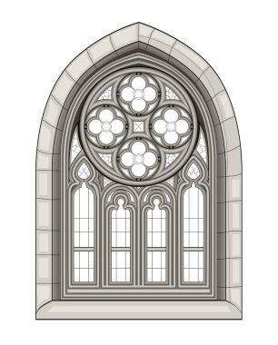 Pont-lAbbe 'deki ortaçağ vitray penceresi. Notre-Dame-des-Carmes Kilisesi. Gotik mimari tarzı. Fransa kiliselerinde mimarlık. Batı Avrupa 'da orta çağ. Vektör çizimi.