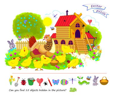 Resimde gizlenmiş 15 nesne bulabilir misin? Çocuklar ve yetişkinler için mantık bulmacası. Bahar Paskalya Bahçesi 'nin tasviri. Casusluk oyunu oynarım. Ara ve bul. Çocuklar için eğitim sayfası. Düz vektör çizimi.