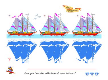Çocuklar ve yetişkinler için mantıksal bulmaca oyunu. Her yelkenlinin yansımasını bulabilir misin? Zeka oyunu kitabı. Çocukların uzaysal düşüncelerini geliştirmek. Dikkatlilik için görev. Vektör illüstrasyonu.