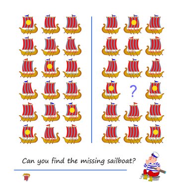 Çocuklar ve yetişkinler için mantık bulmacası. Kayıp yelkenliyi bulabilir misin? Eğitici bir oyun. Çocuk zeka kitabı için çağrı. Dikkatlilik için görev. İnternette oyna. Faaliyet listesi. Düz vektör illüstrasyonu.