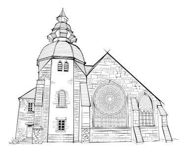 Pont-l 'Abbe' deki Notre-Dame-des-Carmes Kilisesi 'nin çizimi. Eski gotik katedralin çizimi. Çocuk boyama kitabı için siyah beyaz sayfa. Fransız ortaçağ mimarisi. El çizimi vektör illüstrasyonu.