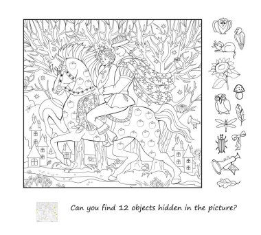 Resimde gizlenmiş 12 nesne bulabilir misin? Mantık bulmacası oyunu. Peri masalı ormanında at süren bir prens ve prenses tasviri. Zeka oyunu kitabı. Boyama kitabı. Siyah ve beyaz vektör çizimi