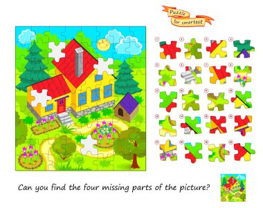Resmin kayıp olan dört parçasını bulabilir misin? Çocuklar ve yetişkinler için mantıksal bulmaca oyunu. Çocuk zeka kitabı için çağrı. Uzaysal düşünce geliştiriyorum. Düz vektör illüstrasyonu.