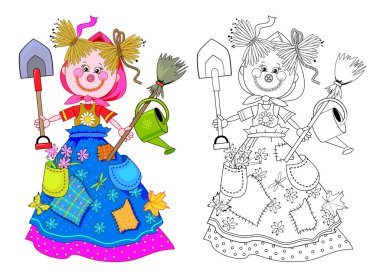 Şirin, gülümseyen bir korkuluk çiziyor. Çocuk boyama kitabı için renkli, siyah ve beyaz kukla tasviri. Çocuklar ve yetişkinler için çalışma tablosu. Düz elle çizilmiş vektör.