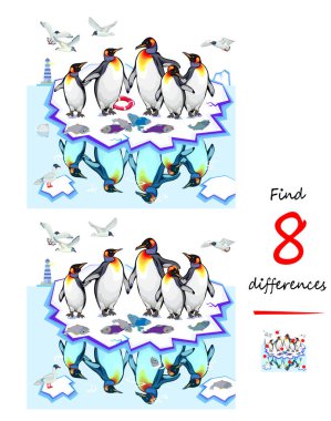 8 farklılık bul. Kral penguenlerden oluşan şirin bir ailenin çizimi. Çocuklar ve yetişkinler için mantıksal bulmaca oyunu. Çocuk zeka kitabı için çağrı. El çizimi düz vektör çizimi.