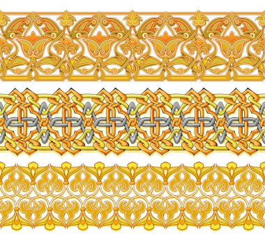 Kusursuz süs desenleri. Eski Arap süslemeleri olan altın kurdeleler. Tasarım, kumaş, fayans, nakış, duvar kağıdı için ortaçağ mahsulü çizimler. Düz vektör illüstrasyonu.