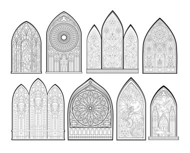 Fransız kiliselerinden güzel Gotik vitraylı pencereler. Boyama kitabı için siyah beyaz çizim. Batı Avrupa 'da ortaçağ mimarisi. Eğitim sayfası. El çizimi vektör illüstrasyonu