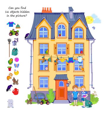 Resimde gizlenmiş 16 nesne bulabilir misin? Akıllılar için mantık bulmacası. Ara ve bul oyunu. Bir konut binasının çizimi. Çocuk zeka kitabı için çağrı. El çizimi vektör illüstrasyonu.