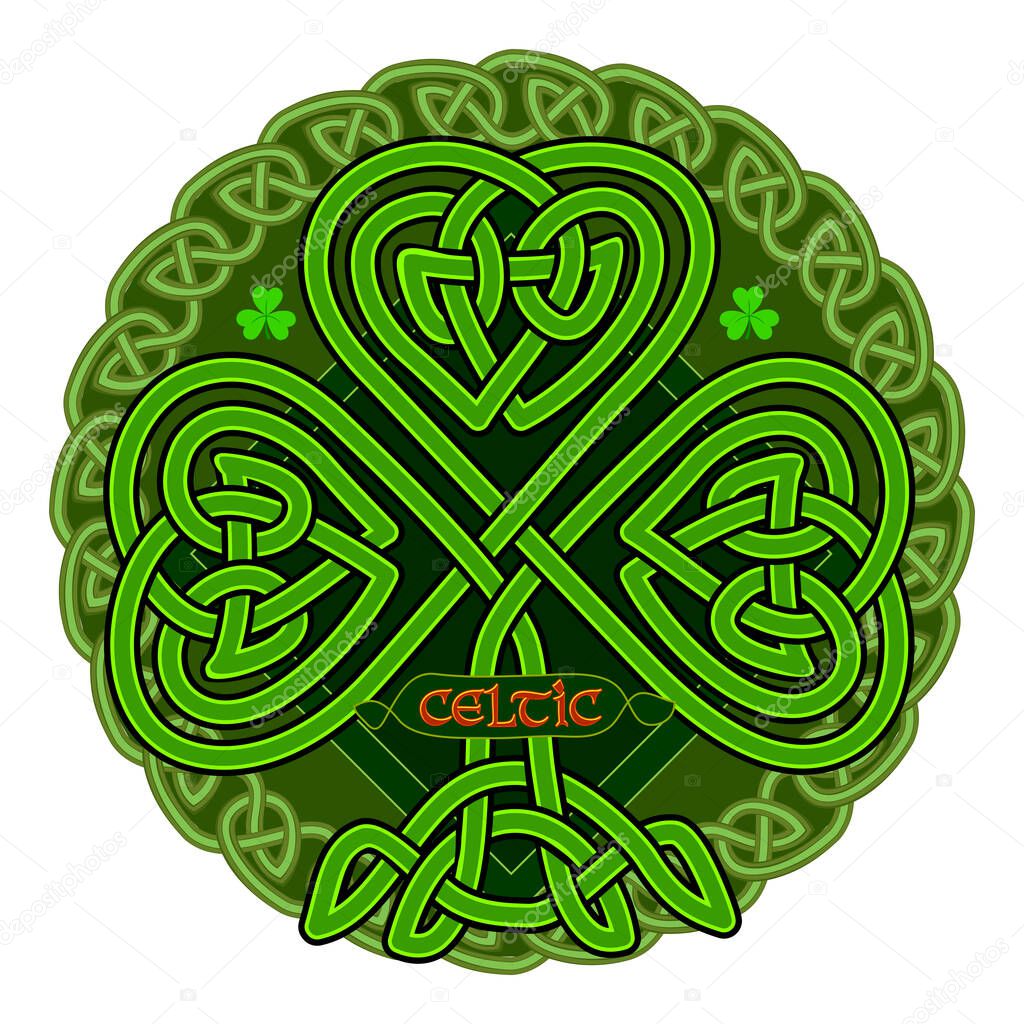 Ancient Nordic green decoration with shamrock and St. Patrick day symbol. Irish ethnic drawing. Celtic knot pattern. Print for logo, icon, coin, tattoo, t-shirt. Hand drawn vector illustration.