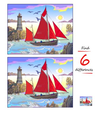 6 farklılık bul. Çocuklar ve yetişkinler için mantıksal bulmaca oyunu. Douarnenez Körfezi 'nde bir Kelt yelkenliyle deniz manzarası çiziyor. Çocuk zeka kitabı için çağrı. El çizimi vektör çizimi.