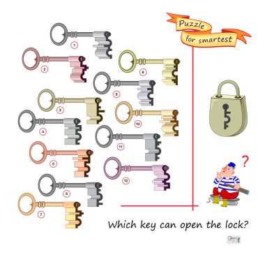 Hangi anahtar kilidi açabilir? Ara ve bul oyunu. Çocuklar ve yetişkinler için mantık bulmacası. Uzaysal düşünmeyi geliştir. Zeka oyunu kitabı için basılabilir sayfa. Düz vektör illüstrasyonu.