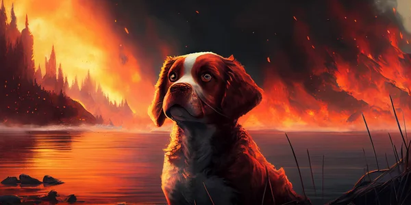 Sad expression of a dog against a terrible fire background. Wild animal in the midst of fire and smoke generative ai.