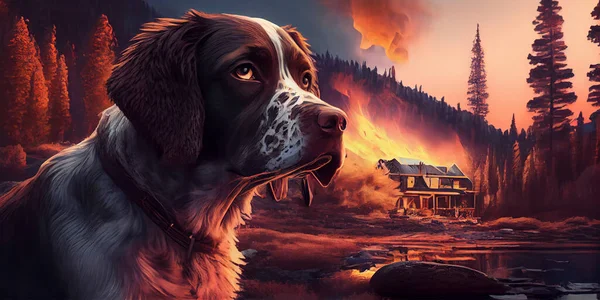 Sad expression of a dog against a terrible fire background. Wild animal in the midst of fire and smoke generative ai.