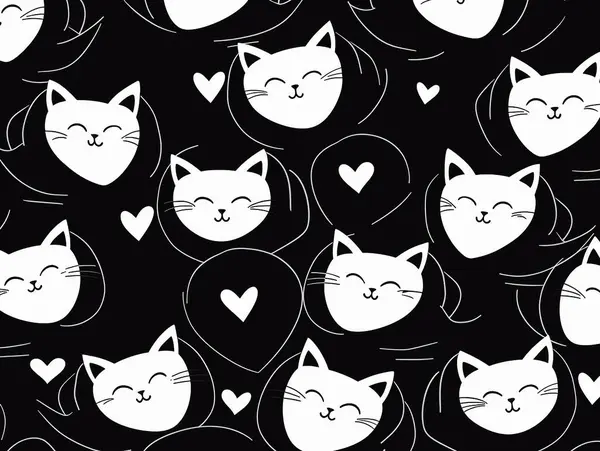 Black and white Cute Cartoon Cat Vector Icons, Seamless Pattern and black Background