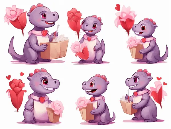 Akvarel Valentinky Den Láska Dino Pár Ručně Kreslené Akvarel Ilustrace — Stock fotografie